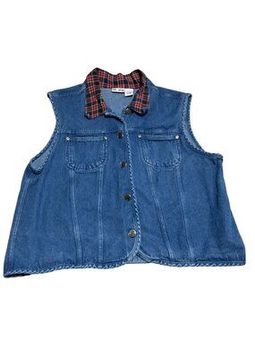 Sun River Denim Vest With Plaid Collar Size Large Blue Snap-Front Womens